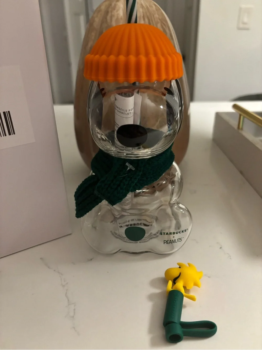Starbucks Clear Bear Cold Cup with Orange Lid and Green Scarf